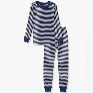 Moon + Back- Unisex Organic Cotton Long Sleeve Pajama Set - Navy Stripe - Size:5